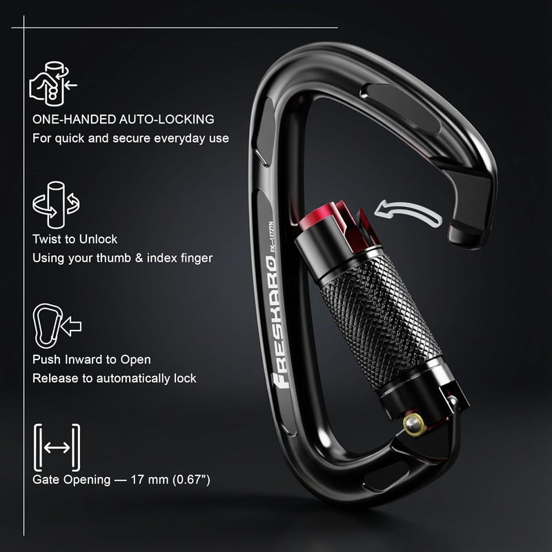 FresKaro UIAA Certified 25KN Auto Locking Climbing Carabiner Clips, Twist Lock, and Heavy Duty Carabiners for Rock Climbing, Rappelling, and Mountaineering, D Shaped - Image 3